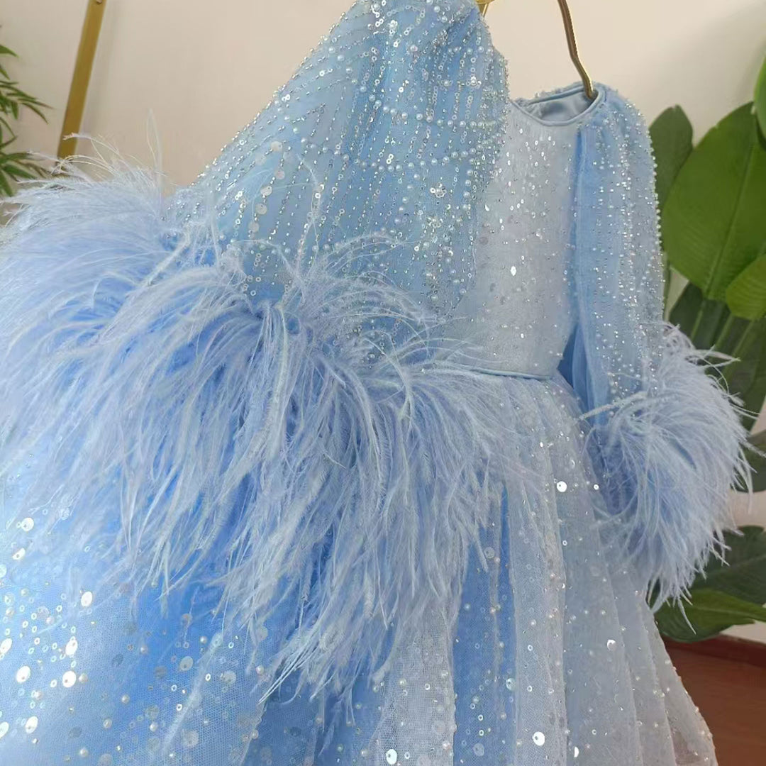 DreamyVow Luxury Blue Girl Dress Feathers Cap Sleeve Kid Princess Wedding Birthday Holiday Party Gown J170-DreamyVow