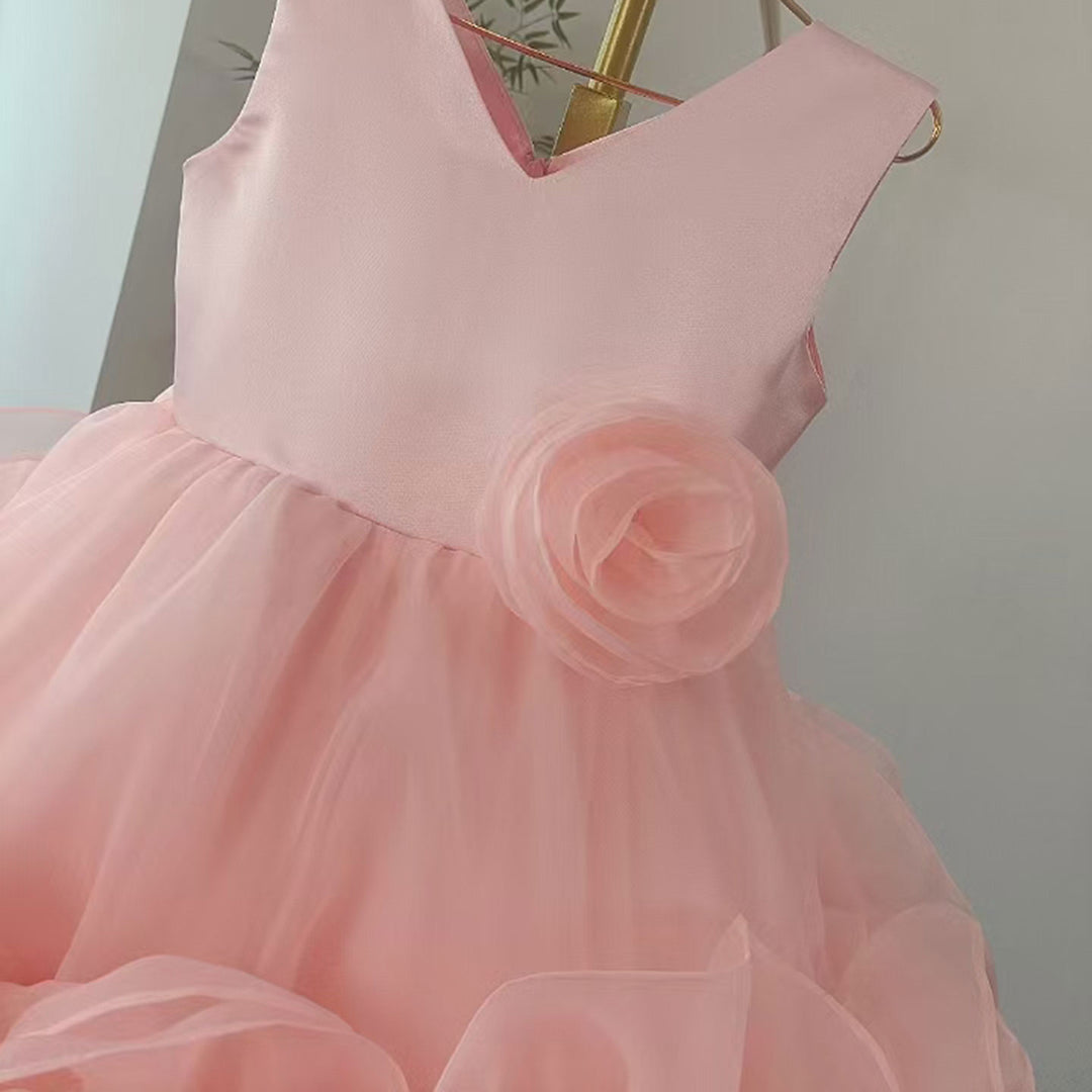 DreamyVow Elegant Pink Arab Girl Dress Handmade Flowers V-Neck Kids Princess Birthday Wedding Party Gown J158-DreamyVow