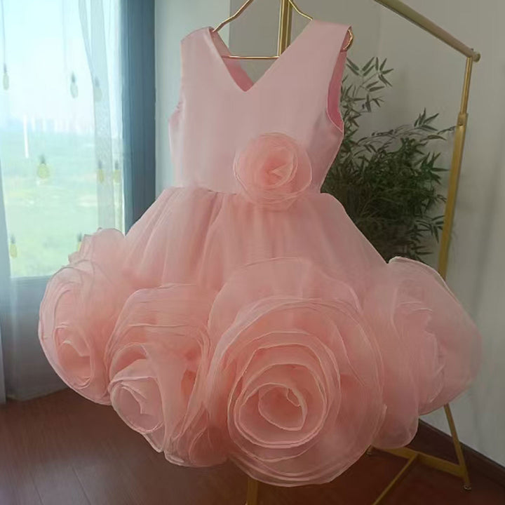 DreamyVow Elegant Pink Arab Girl Dress Handmade Flowers V-Neck Kids Princess Birthday Wedding Party Gown J158