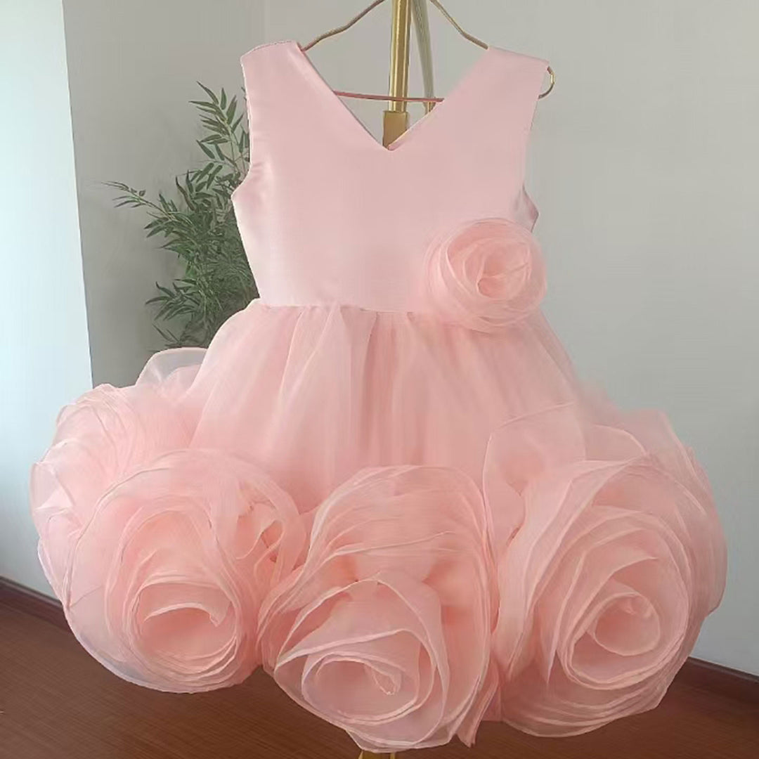 DreamyVow Elegant Pink Arab Girl Dress Handmade Flowers V-Neck Kids Princess Birthday Wedding Party Gown J158-DreamyVow