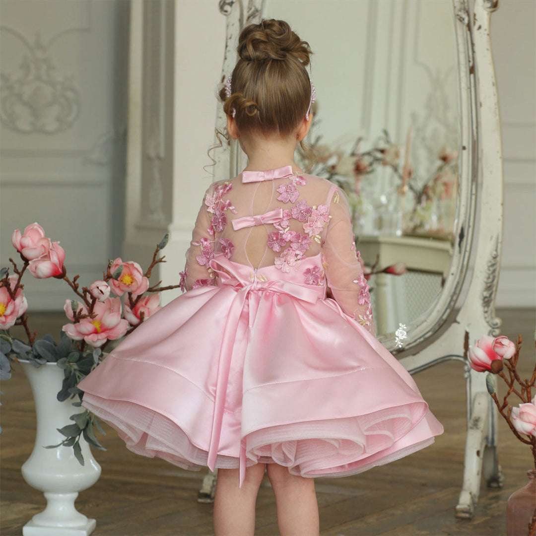 Dreamy Elegant Pink Girl Bridesmaides Dress Full Sleeve for Princess Kids Birthday Wedding Party Gown J177-DreamyVow