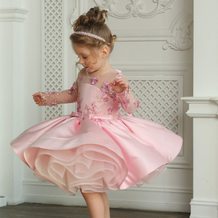 Dreamy Elegant Pink Girl Bridesmaides Dress Full Sleeve for Princess Kids Birthday Wedding Party Gown J177