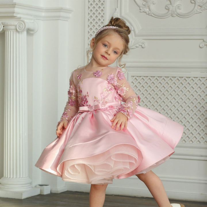 Dreamy Elegant Pink Girl Bridesmaides Dress Full Sleeve for Princess Kids Birthday Wedding Party Gown J177