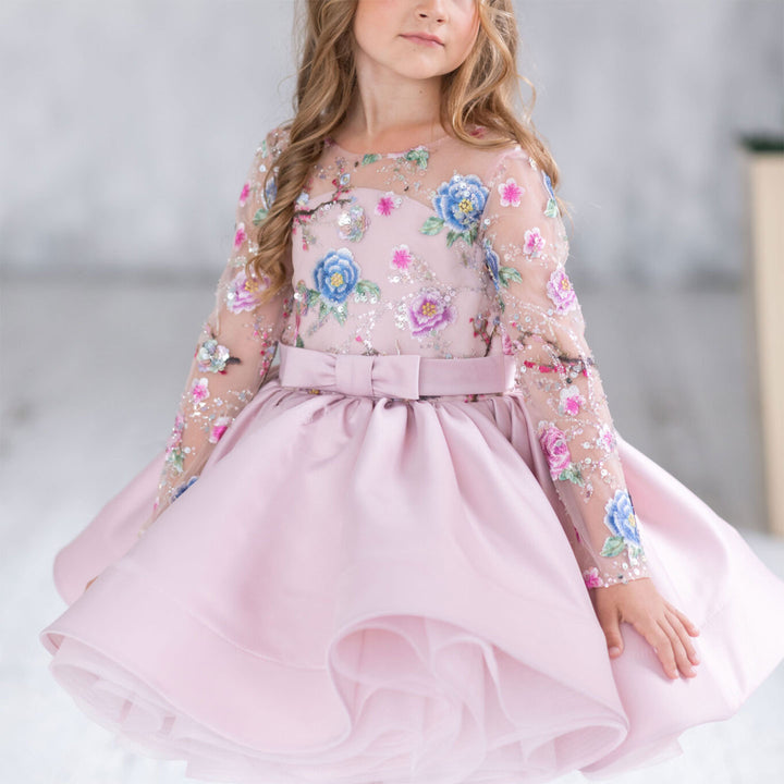 Dreamy Elegant Blue Girl Bridesmaides Dress Full Sleeve for Kids Birthday Wedding Party J179