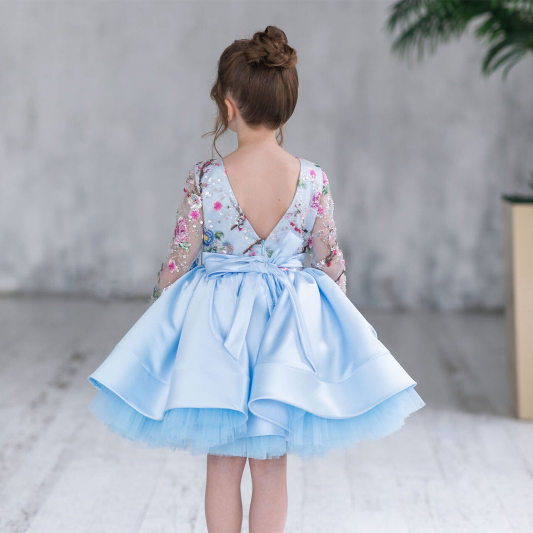 Dreamy Elegant Blue Girl Bridesmaides Dress Full Sleeve for Kids Birthday Wedding Party J179