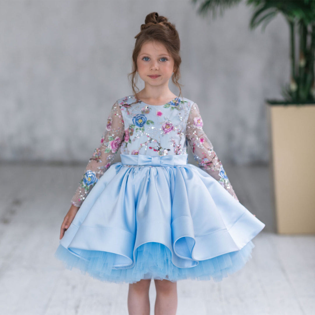 Dreamy Elegant Blue Girl Bridesmaides Dress Full Sleeve for Kids Birthday Wedding Party J179