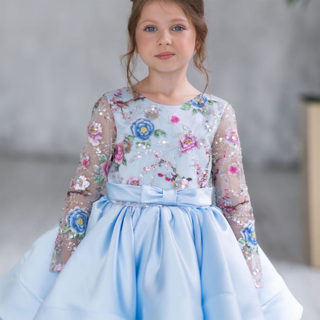 Dreamy Elegant Blue Girl Bridesmaides Dress Full Sleeve for Kids Birthday Wedding Party J179