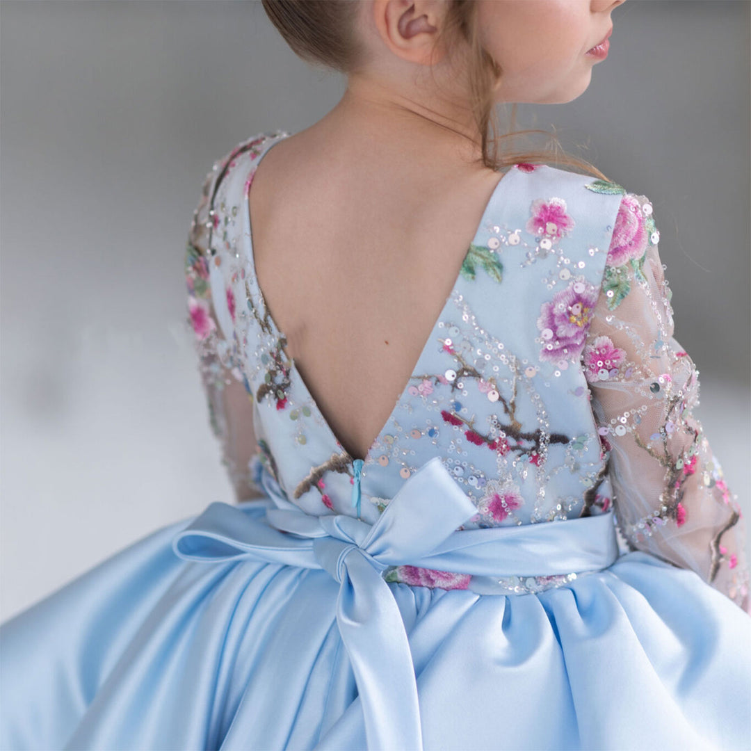 Dreamy Elegant Blue Girl Bridesmaides Dress Full Sleeve for Kids Birthday Wedding Party J179