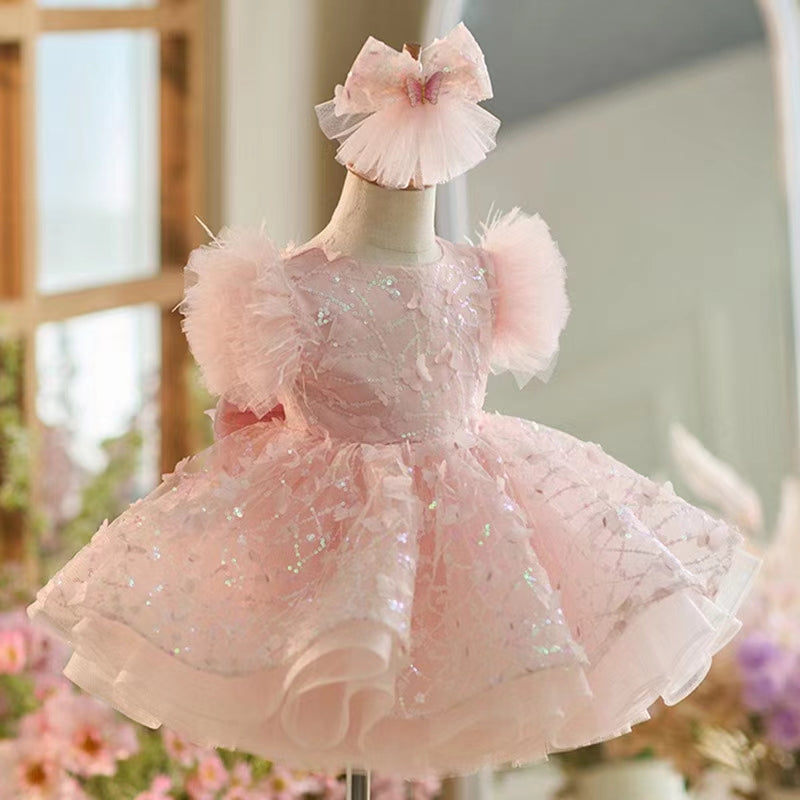 DreamyVow Sequins Flower Girl Dress Knee Length Arabic Princess Party Gown J241