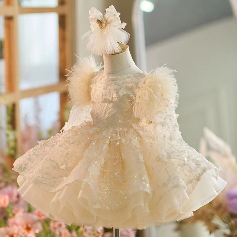 DreamyVow Sequins Flower Girl Dress Knee Length Arabic Princess Party Gown J241