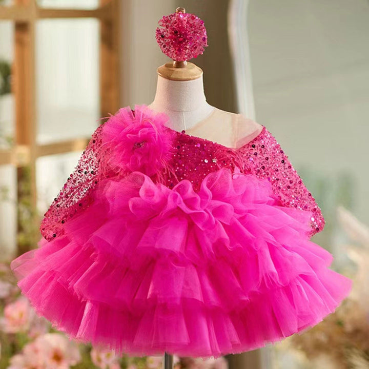 DreamyVow Sequins Fuchsia Girl Dress Knee Length Arabic Princess Party Gown J238