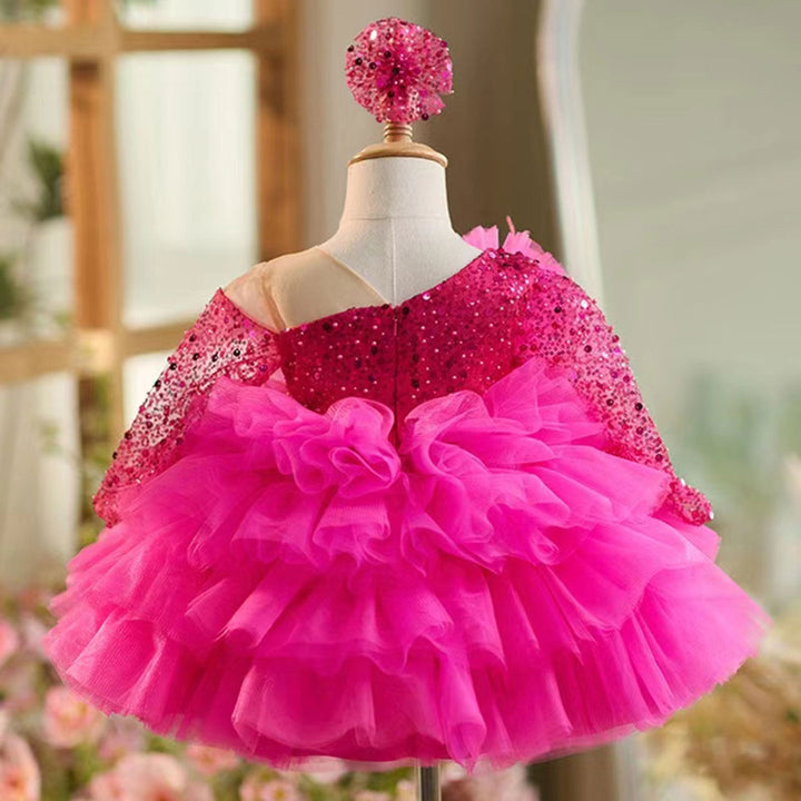 DreamyVow Sequins Fuchsia Girl Dress Knee Length Arabic Princess Party Gown J238