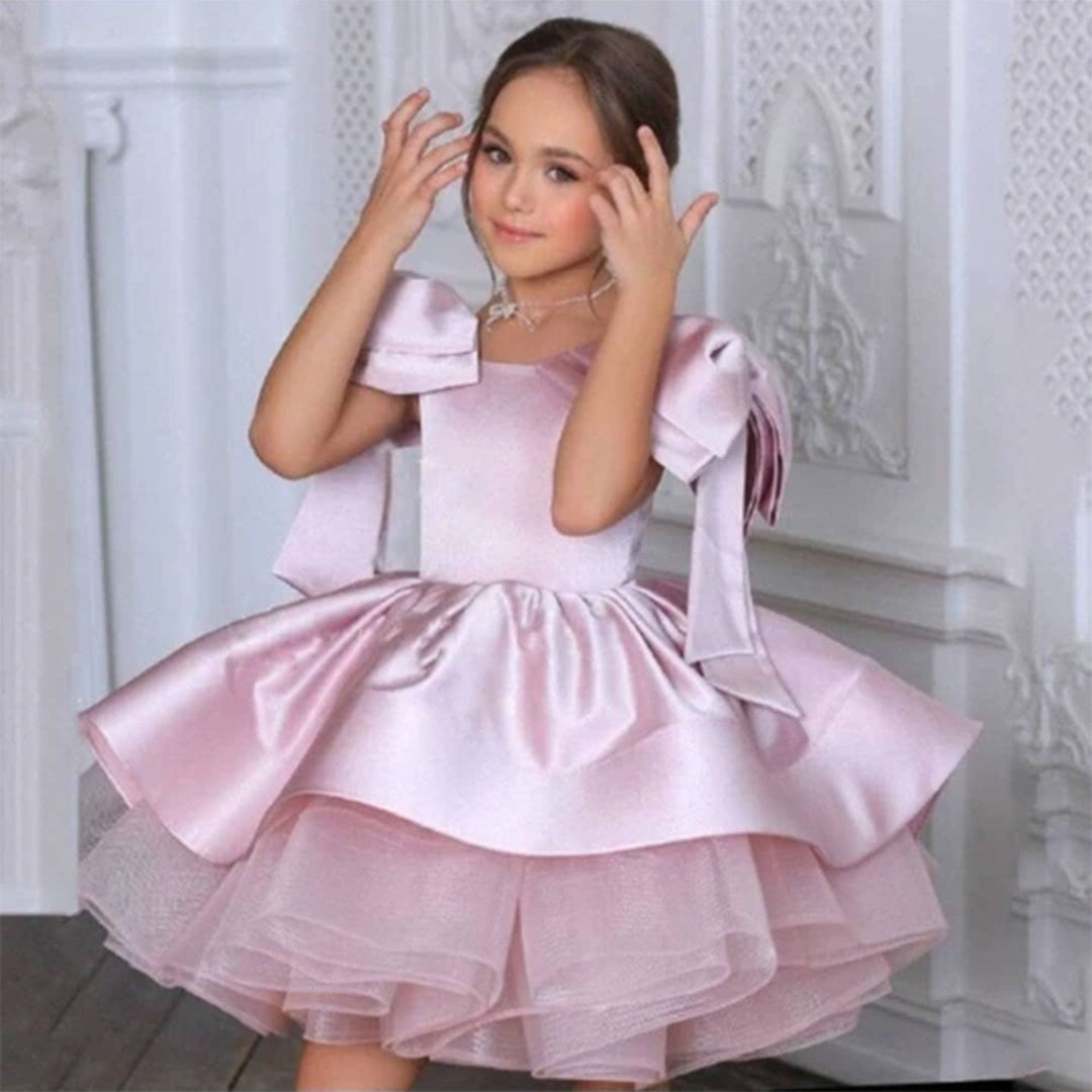 DreamyVow Elegant Satin Fuchsia Girl Dress Off-Shoulder White Princess Gown J159