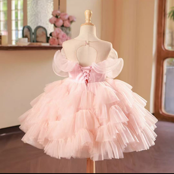 DreamyVow Pink Knee Length Beaded Girl Dress for Baby Birthday Party J222