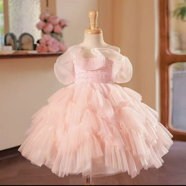 DreamyVow Pink Knee Length Beaded Girl Dress for Baby Birthday Party J222