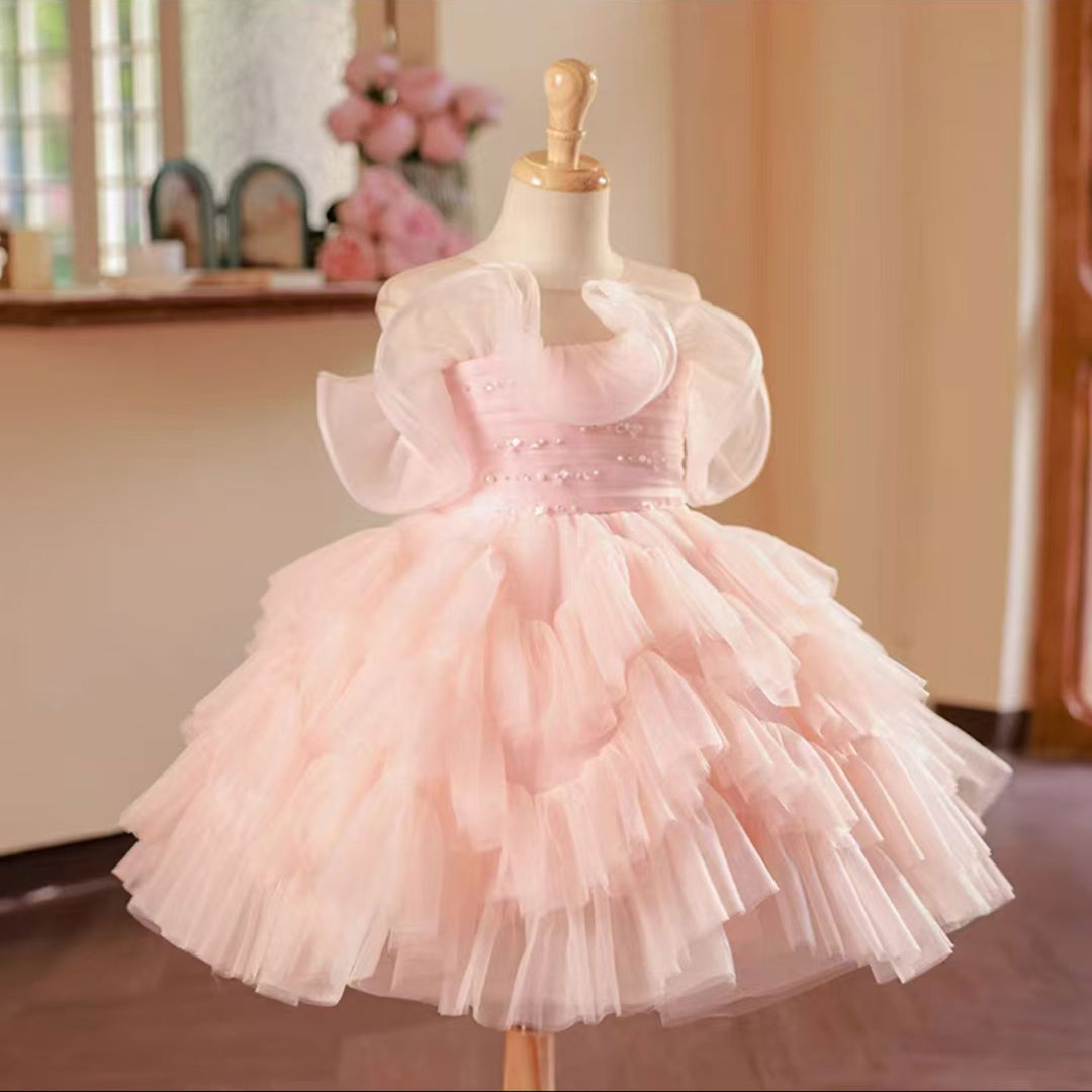 DreamyVow Pink Knee Length Beaded Girl Dress for Baby Birthday Party J222