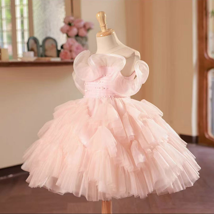 DreamyVow Pink Knee Length Beaded Girl Dress for Baby Birthday Party J222