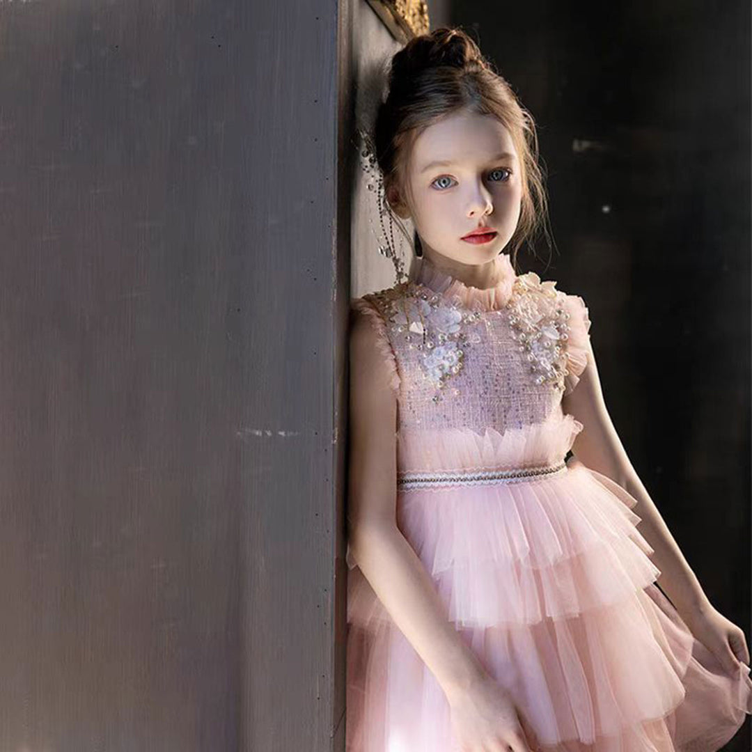 DreamyVow Elegant Pearls Pink Arabic A-Line Girl Dress J114