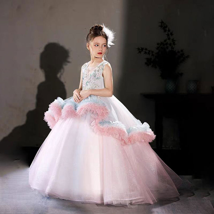 DreamyVow Luxury Embroidery Pink Arabic Bithday Party Girl Dress J120