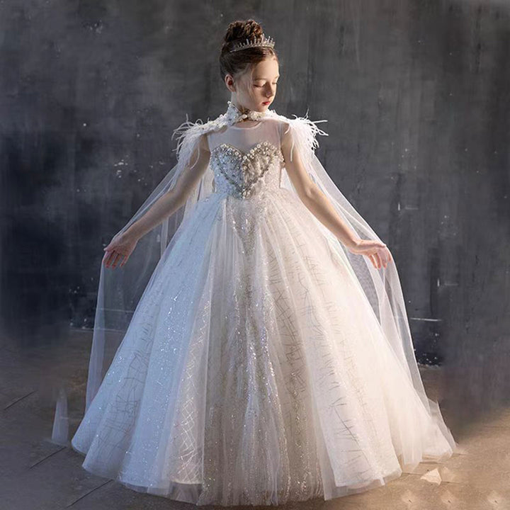 DreamyVow Luxury White Feather Girl Dress with Detachable Cap J124