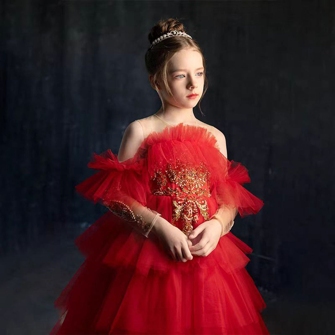 DreamyVow Luxury Red Beaded Tulle Girl Dress for Birthday Party J108