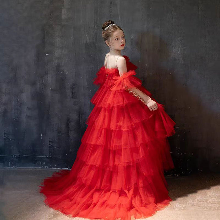 DreamyVow Luxury Red Beaded Tulle Girl Dress for Birthday Party J108