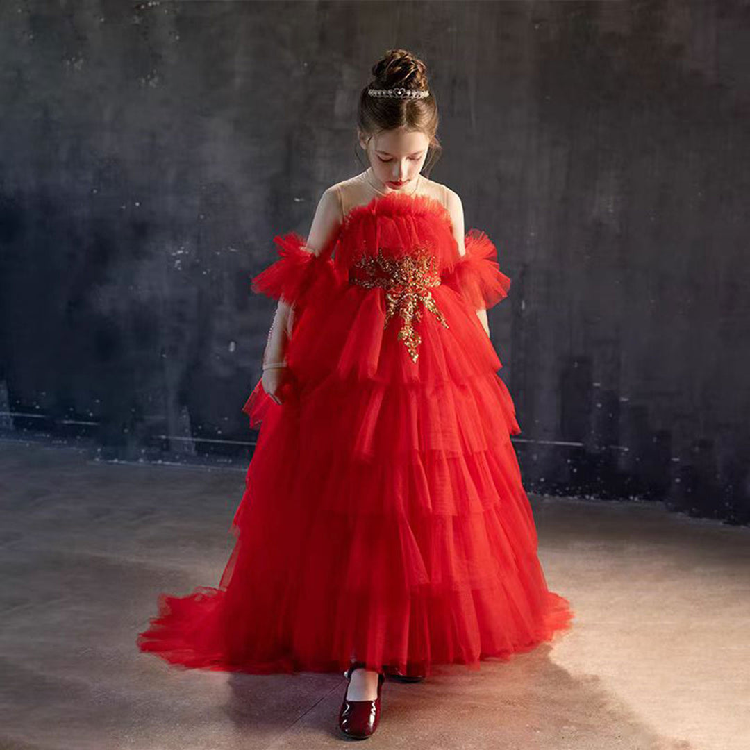 DreamyVow Luxury Red Beaded Tulle Girl Dress for Birthday Party J108