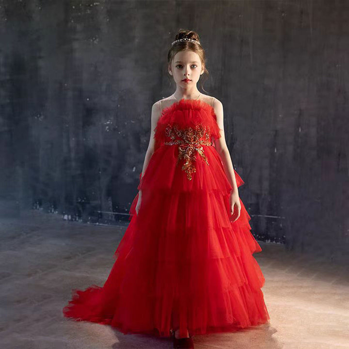 DreamyVow Luxury Red Beaded Tulle Girl Dress for Birthday Party J108