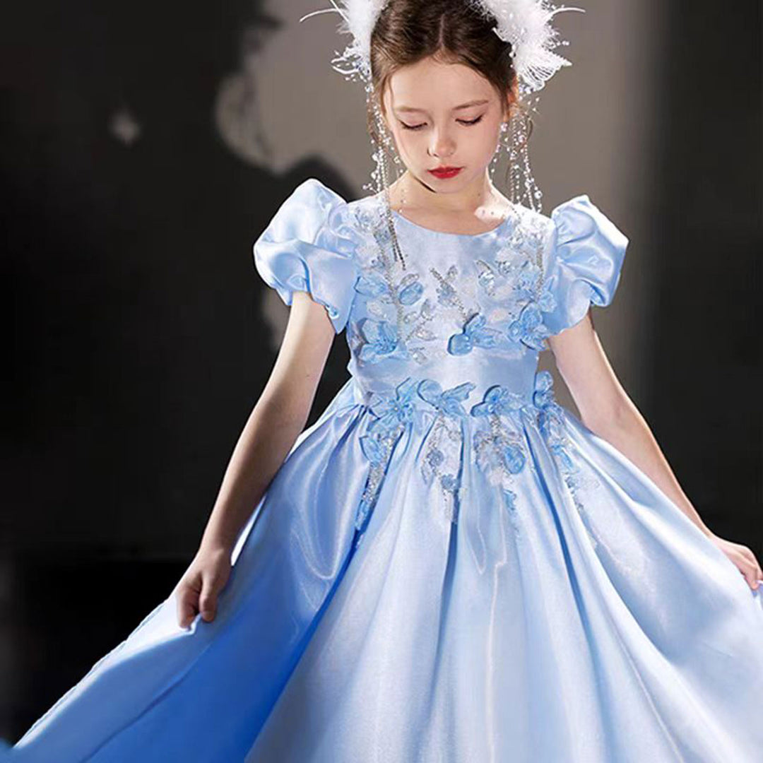 DreamyVow Luxury Blue 3D Flowers Arabic Satin Beaded Girl Dress J209