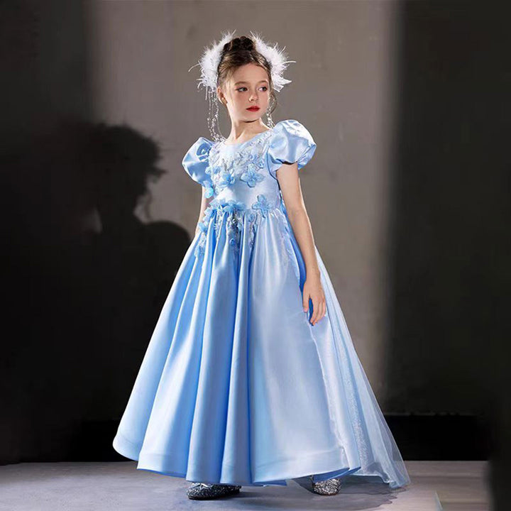 DreamyVow Luxury Blue 3D Flowers Arabic Satin Beaded Girl Dress J209