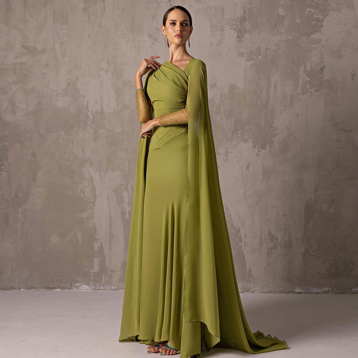 Dreamy Vow Elegant Asymmetrical Sage Green Chiffon Arabic Evening Dress SF051