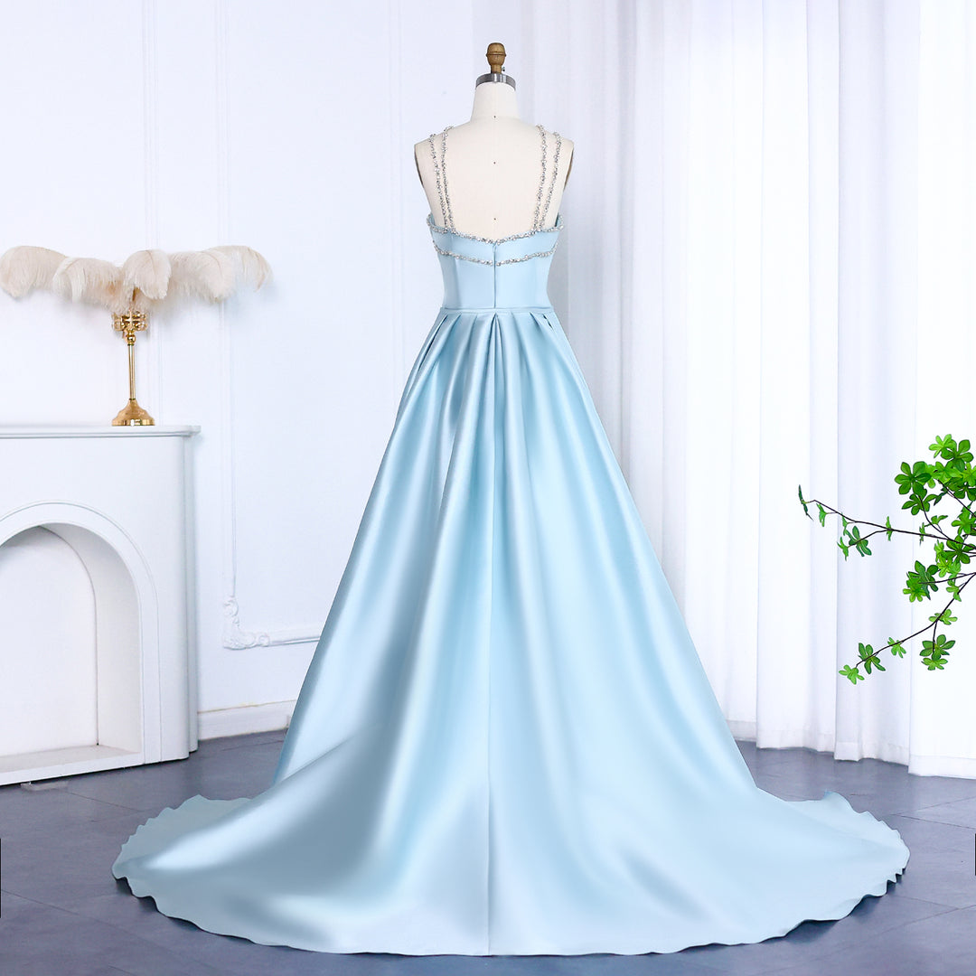 Dreamy Vow Elegant Light Blue Satin Arabic Evening Dress with Overskirt SF048