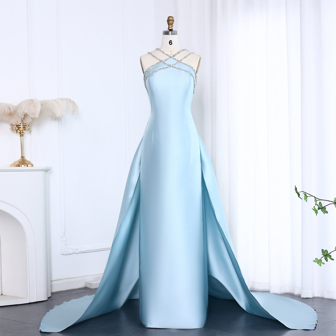 Dreamy Vow Elegant Light Blue Satin Arabic Evening Dress with Overskirt SF048