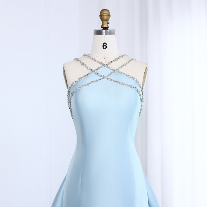 Dreamy Vow Elegant Light Blue Satin Arabic Evening Dress with Overskirt SF048