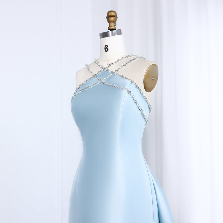 Dreamy Vow Elegant Light Blue Satin Arabic Evening Dress with Overskirt SF048