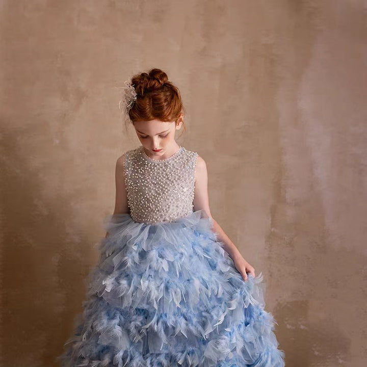 DreamyVow Elegant Blue Feathers Girl Dress Pearls Princess Gown J299