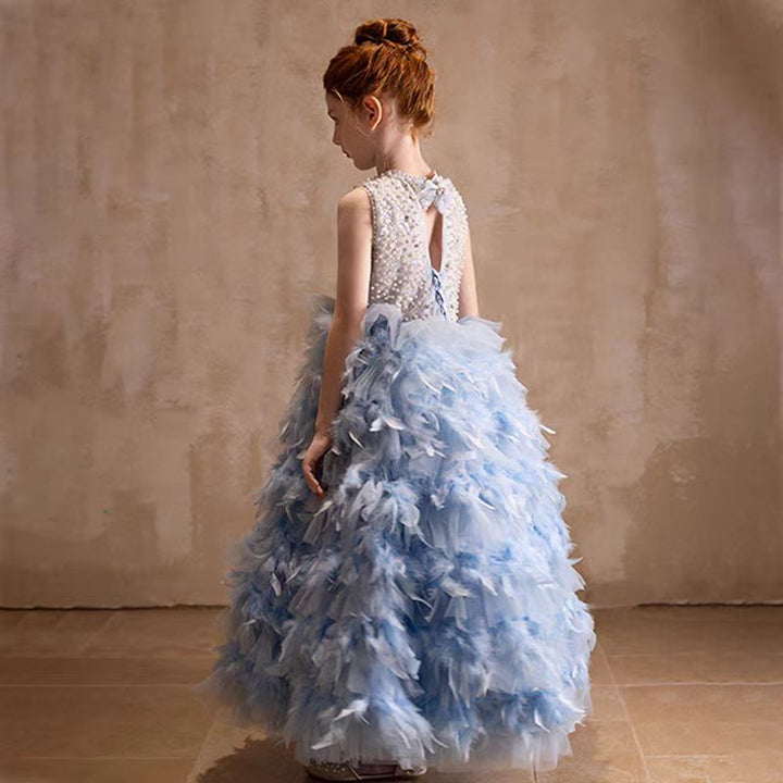 DreamyVow Elegant Blue Feathers Girl Dress Pearls Princess Gown J299