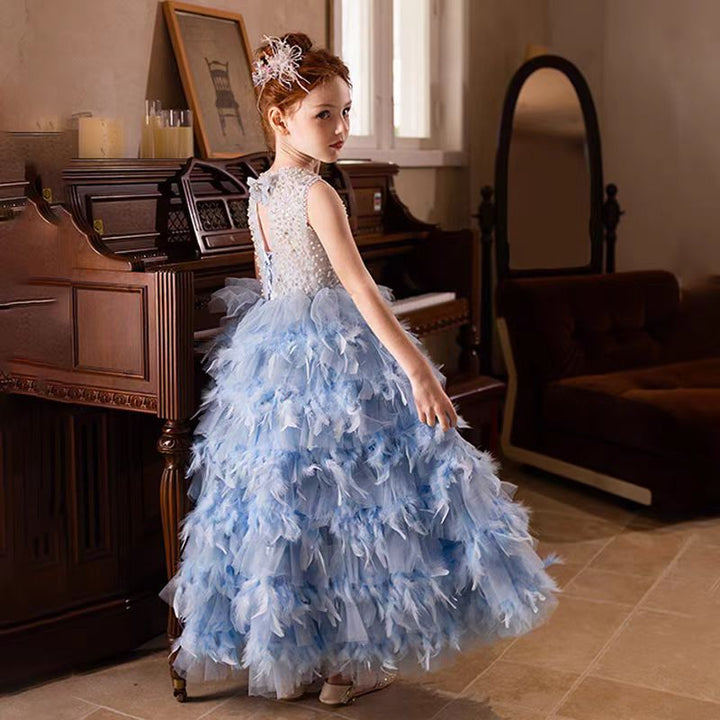 DreamyVow Elegant Blue Feathers Girl Dress Pearls Princess Gown J299