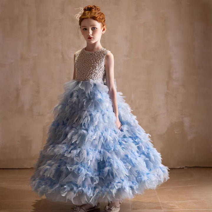 DreamyVow Elegant Blue Feathers Girl Dress Pearls Princess Gown J299