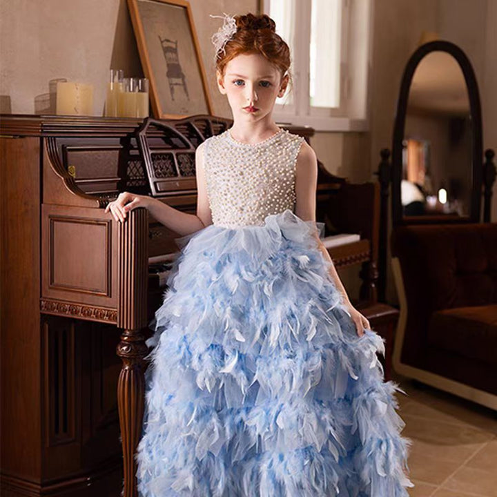 DreamyVow Elegant Blue Feathers Girl Dress Pearls Princess Gown J299