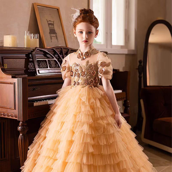 DreamyVow Elegant Gold High-Neck Girl Dress Tiered Princess Birthday Gown J298