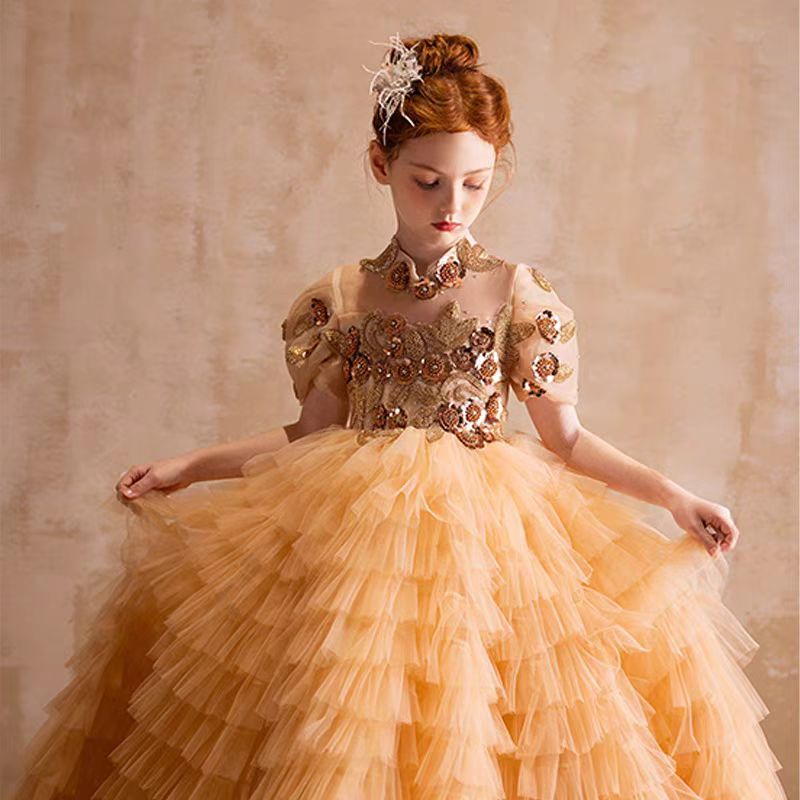 DreamyVow Elegant Gold High-Neck Girl Dress Tiered Princess Birthday Gown J298