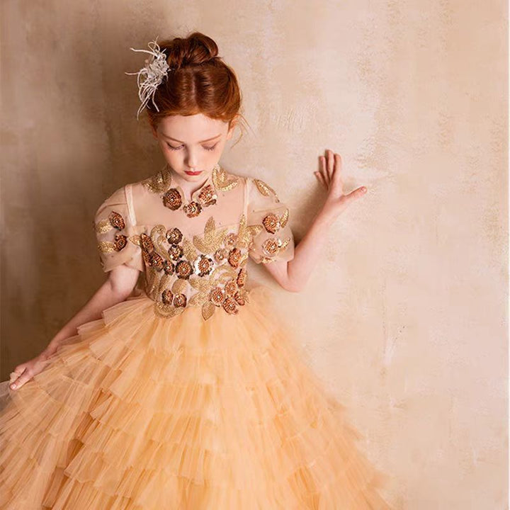 DreamyVow Elegant Gold High-Neck Girl Dress Tiered Princess Birthday Gown J298