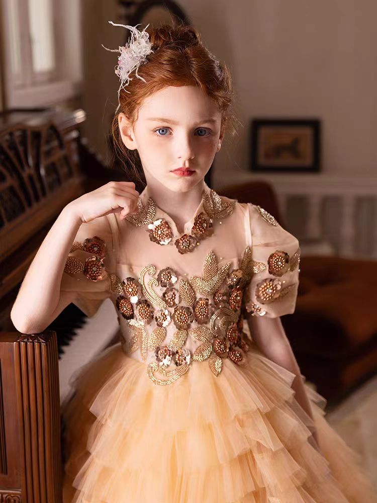 DreamyVow Elegant Gold High-Neck Girl Dress Tiered Princess Birthday Gown J298