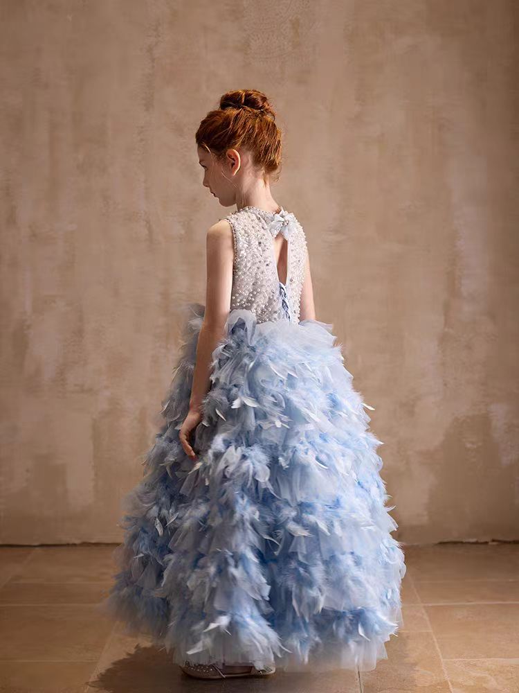 DreamyVow Elegant Blue Feathers Girl Dress Pearls Princess Gown J299