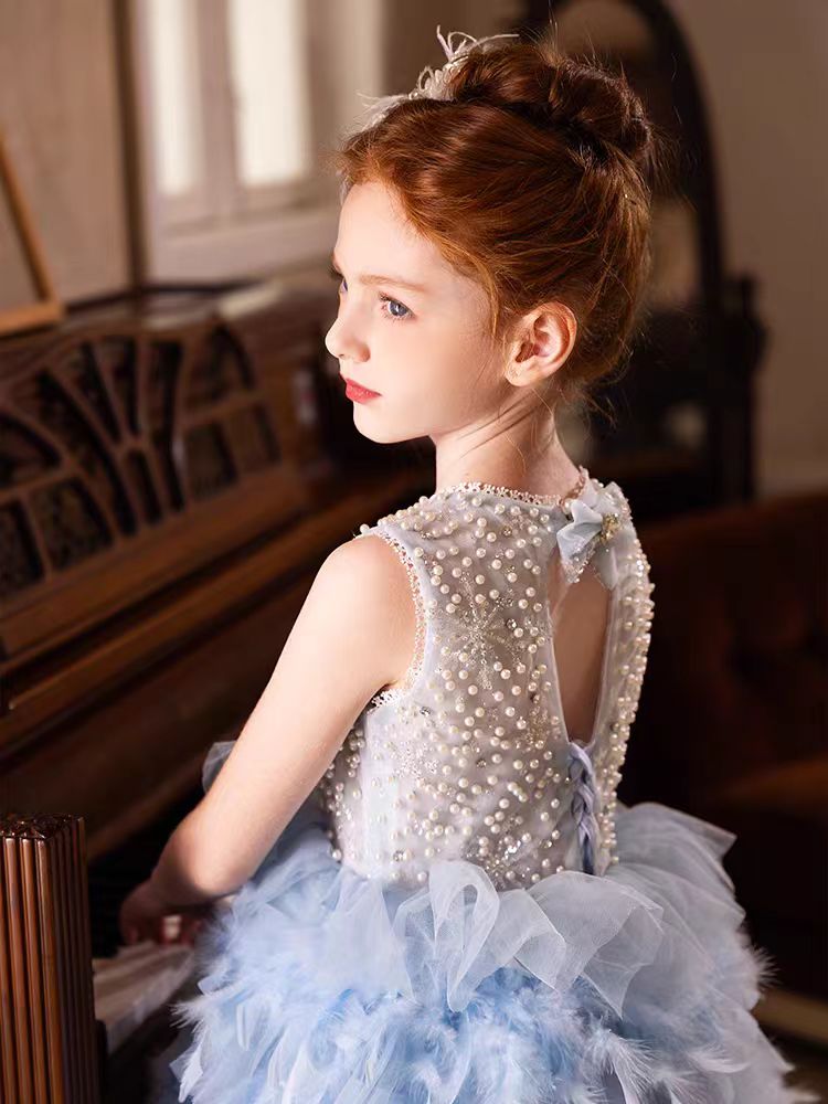 DreamyVow Elegant Blue Feathers Girl Dress Pearls Princess Gown J299