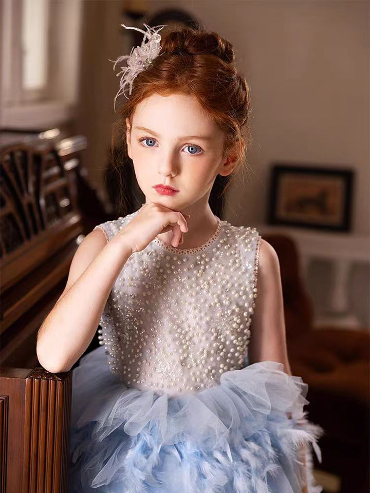 DreamyVow Elegant Blue Feathers Girl Dress Pearls Princess Gown J299