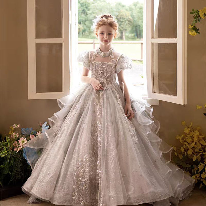 DreamyVow Luxury Silver Girl Dress Beaded Court Train Princess Gown J300