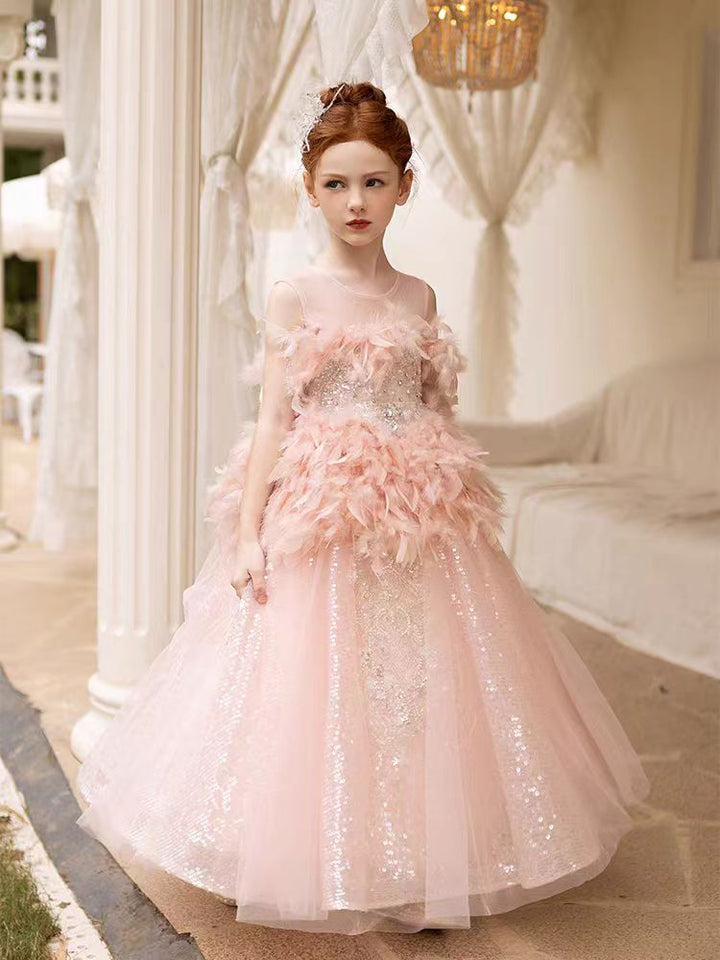 DreamyVow Luxury Shiny Pink Flower Girl Dresses Feather Sequined Gowns J008