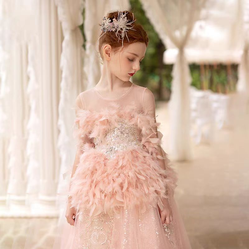 DreamyVow Luxury Shiny Pink Flower Girl Dresses Feather Sequined Gowns J008